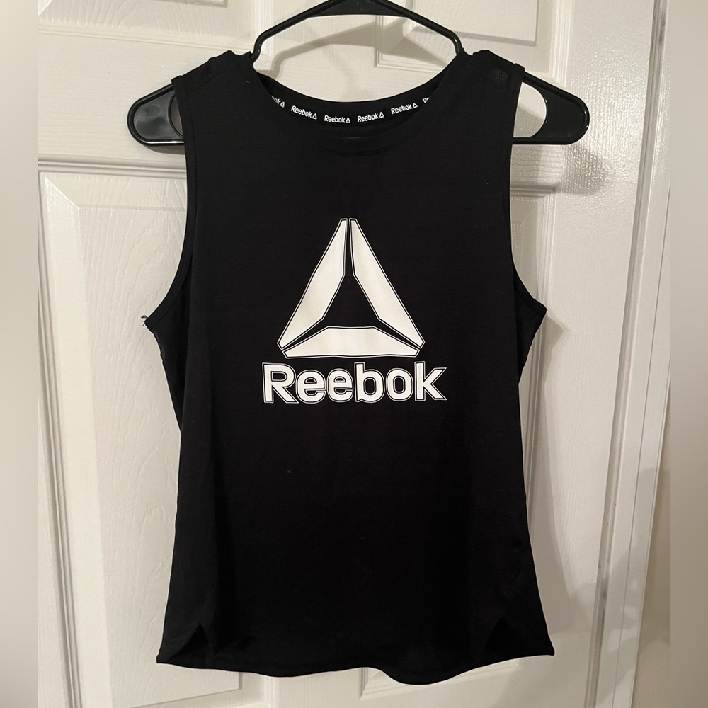 🐠Reebok Women’s Black with White Logo Tank. Side Slits and Mesh Back,upper